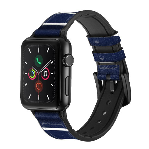 CA0434 Navy White Striped Silicone & Leather Smart Watch Band Strap For Apple Watch iWatch
