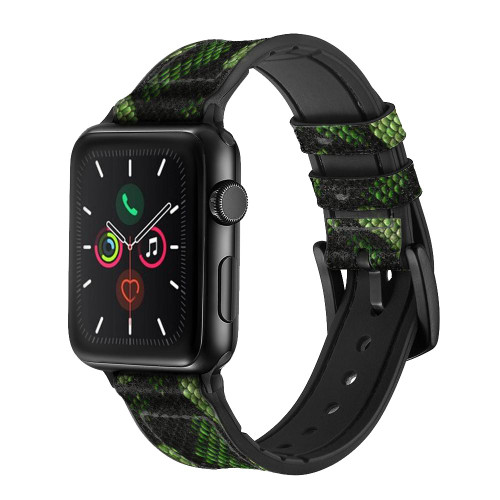 CA0482 Green Snake Skin Graphic Printed Silicone & Leather Smart Watch Band Strap For Apple Watch iWatch