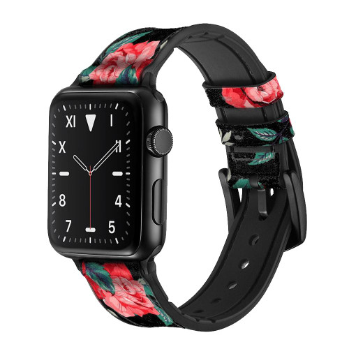 CA0580 Rose Floral Pattern Black Silicone & Leather Smart Watch Band Strap For Apple Watch iWatch