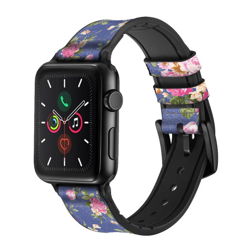 CA0644 Vintage Flower Pattern Silicone & Leather Smart Watch Band Strap For Apple Watch iWatch