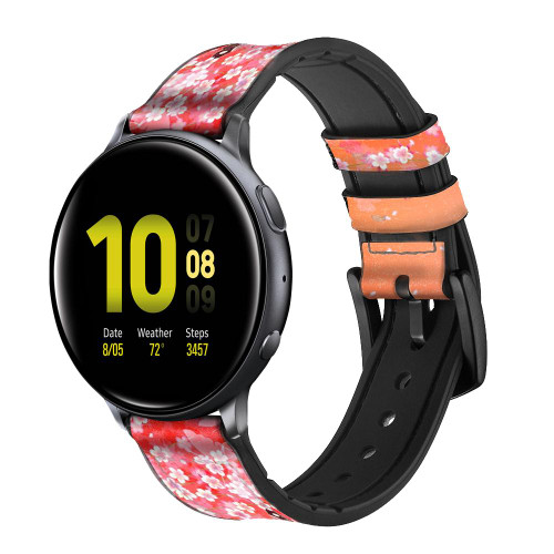 CA0367 Japanese Kimono Style Flower Pattern Silicone & Leather Smart Watch Band Strap For Samsung Galaxy Watch, Gear, Active