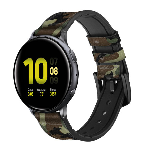 CA0457 Army Green Woodland Camo Silicone & Leather Smart Watch Band Strap For Samsung Galaxy Watch, Gear, Active