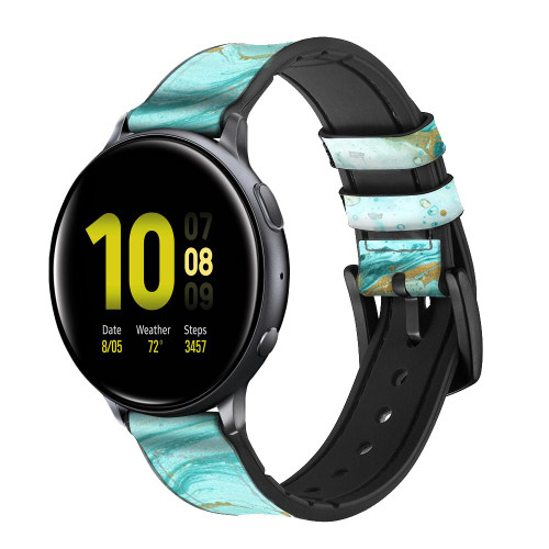 CA0702 Green Marble Graphic Print Silicone & Leather Smart Watch Band Strap For Samsung Galaxy Watch, Gear, Active