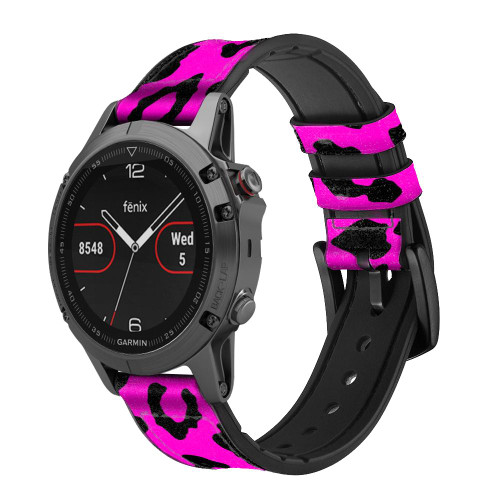 CA0208 Pink Leopard Pattern Silicone & Leather Smart Watch Band Strap For Garmin Smartwatch