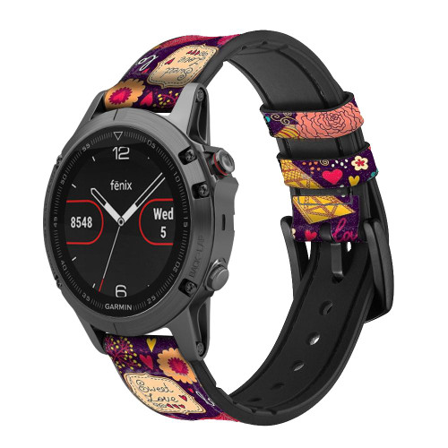 CA0278 Paris Cartoon Vintage Pattern Silicone & Leather Smart Watch Band Strap For Garmin Smartwatch