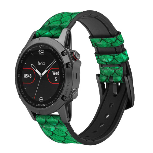 CA0413 Green Fish Scale Pattern Graphic Silicone & Leather Smart Watch Band Strap For Garmin Smartwatch