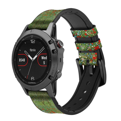 CA0479 Gustav Klimt Poppy Field Silicone & Leather Smart Watch Band Strap For Garmin Smartwatch