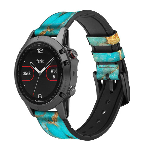 CA0499 Aqua Turquoise Stone Silicone & Leather Smart Watch Band Strap For Garmin Smartwatch