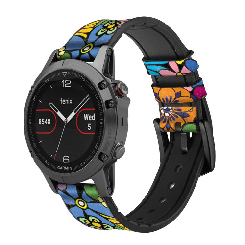 CA0649 Colorful Hippie Flowers Pattern Silicone & Leather Smart Watch Band Strap For Garmin Smartwatch