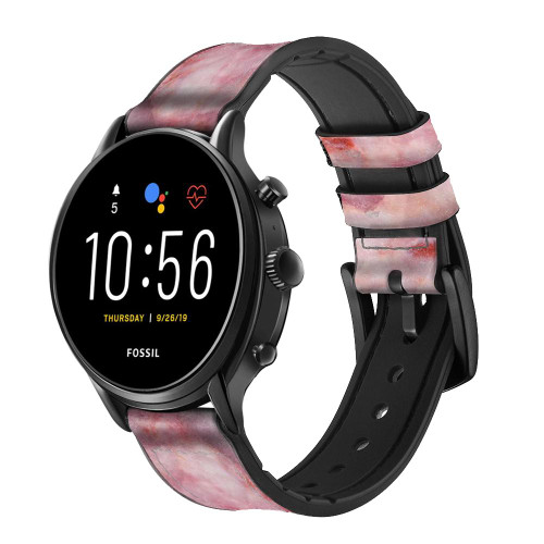 CA0465 Pink Marble Texture Silicone & Leather Smart Watch Band Strap For Fossil Smartwatch