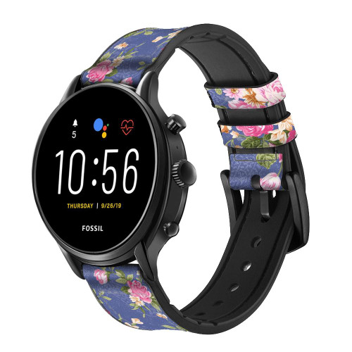 CA0644 Vintage Flower Pattern Silicone & Leather Smart Watch Band Strap For Fossil Smartwatch