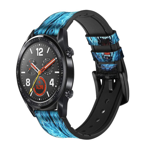 CA0093 Blue Fire Grim Wolf Silicone & Leather Smart Watch Band Strap For Wristwatch Smartwatch