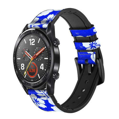 CA0253 Hawaiian Hibiscus Blue Pattern Silicone & Leather Smart Watch Band Strap For Wristwatch Smartwatch