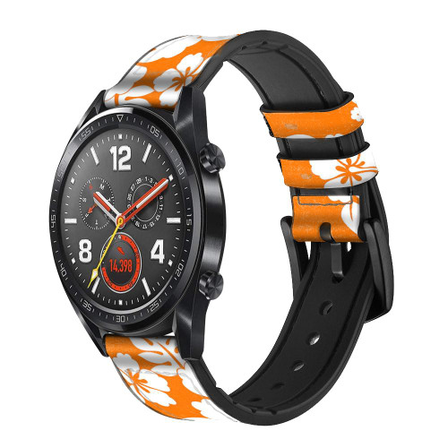 CA0254 Hawaiian Hibiscus Orange Pattern Silicone & Leather Smart Watch Band Strap For Wristwatch Smartwatch