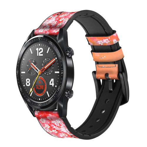 CA0367 Japanese Kimono Style Flower Pattern Silicone & Leather Smart Watch Band Strap For Wristwatch Smartwatch