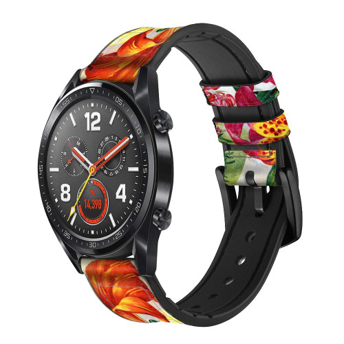 CA0612 Retro Art Flowers Silicone & Leather Smart Watch Band Strap For Wristwatch Smartwatch