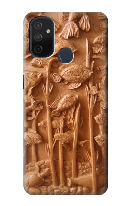 W1307 Fish Wood Carving Graphic Printed Hard Case and Leather Flip Case For OnePlus Nord N100