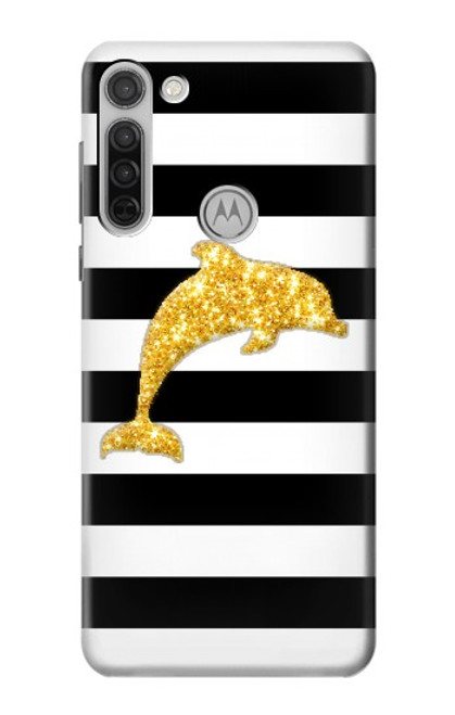 W2882 Black and White Striped Gold Dolphin Hard Case and Leather Flip Case For Motorola Moto G8