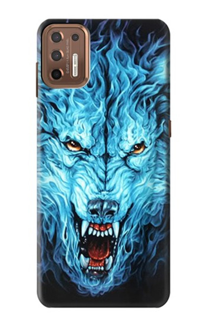 W0752 Blue Fire Grim Wolf Hard Case and Leather Flip Case For Motorola Moto G9 Plus
