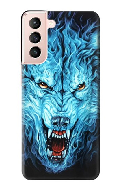 W0752 Blue Fire Grim Wolf Hard Case and Leather Flip Case For Samsung Galaxy S21 5G