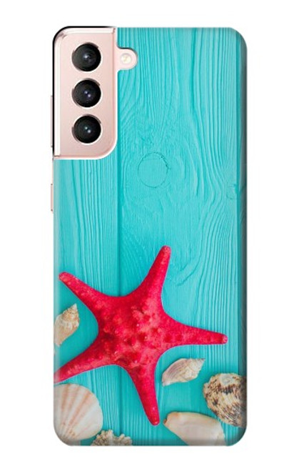 W3428 Aqua Wood Starfish Shell Hard Case and Leather Flip Case For Samsung Galaxy S21 5G