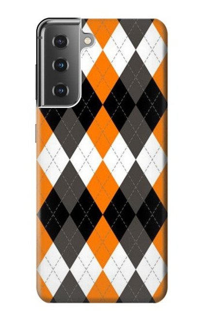 W3421 Black Orange White Argyle Plaid Hard Case and Leather Flip Case For Samsung Galaxy S21 Plus 5G, Galaxy S21+ 5G