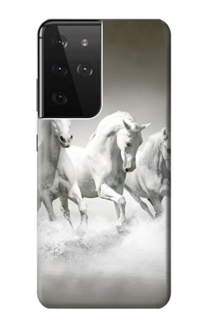 W0933 White Horses Hard Case and Leather Flip Case For Samsung Galaxy S21 Ultra 5G