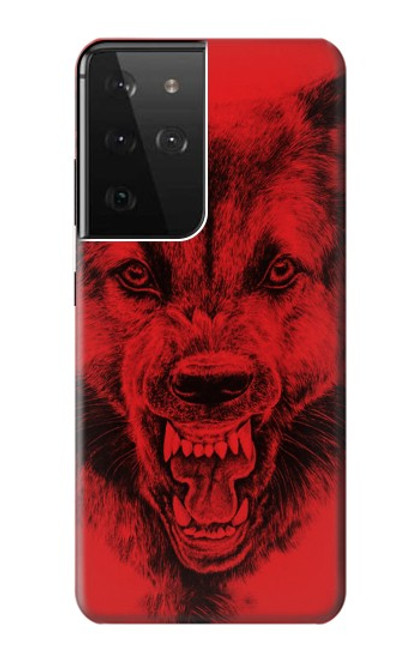 W1090 Red Wolf Hard Case and Leather Flip Case For Samsung Galaxy S21 Ultra 5G