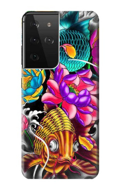 W1630 Fish Japanese Oriental Tattoo Hard Case and Leather Flip Case For Samsung Galaxy S21 Ultra 5G