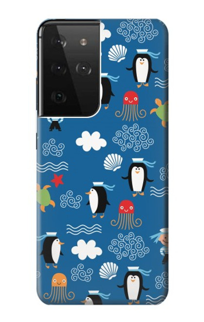 W2572 Marine Penguin Pattern Hard Case and Leather Flip Case For Samsung Galaxy S21 Ultra 5G
