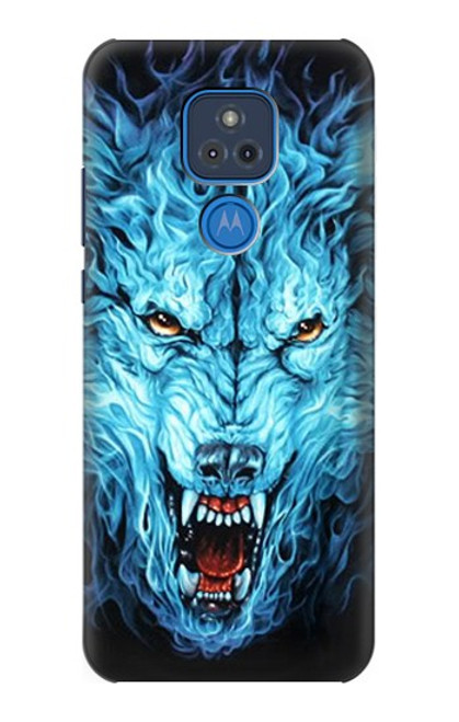 W0752 Blue Fire Grim Wolf Hard Case and Leather Flip Case For Motorola Moto G Play (2021)