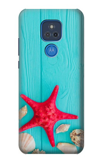 W3428 Aqua Wood Starfish Shell Hard Case and Leather Flip Case For Motorola Moto G Play (2021)