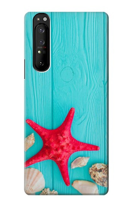 W3428 Aqua Wood Starfish Shell Hard Case and Leather Flip Case For Sony Xperia 1 III