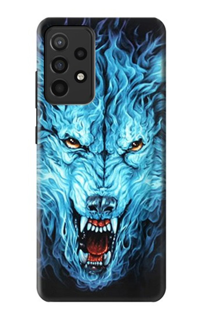 W0752 Blue Fire Grim Wolf Hard Case and Leather Flip Case For Samsung Galaxy A52, Galaxy A52 5G