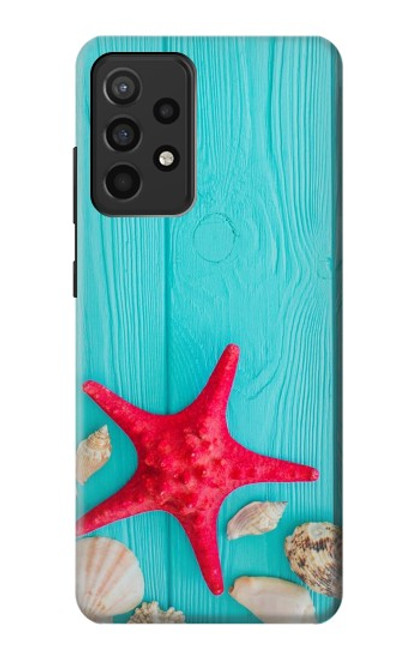 W3428 Aqua Wood Starfish Shell Hard Case and Leather Flip Case For Samsung Galaxy A52, Galaxy A52 5G