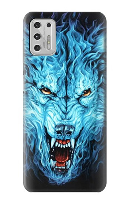 W0752 Blue Fire Grim Wolf Hard Case and Leather Flip Case For Motorola Moto G Stylus (2021)