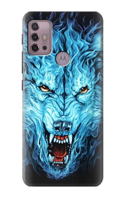 W0752 Blue Fire Grim Wolf Hard Case and Leather Flip Case For Motorola Moto G30, G20, G10