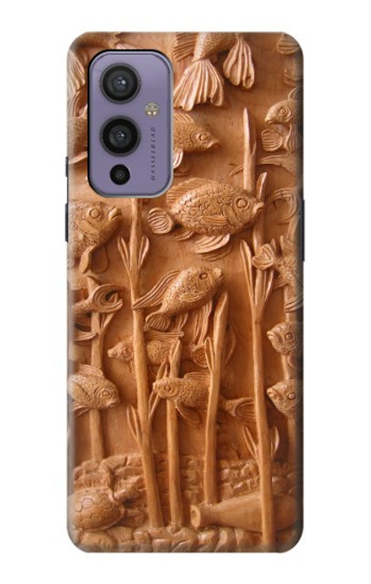 W1307 Fish Wood Carving Graphic Printed Hard Case and Leather Flip Case For OnePlus 9