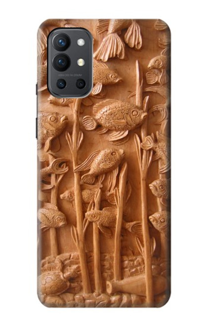 W1307 Fish Wood Carving Graphic Printed Hard Case and Leather Flip Case For OnePlus 9R