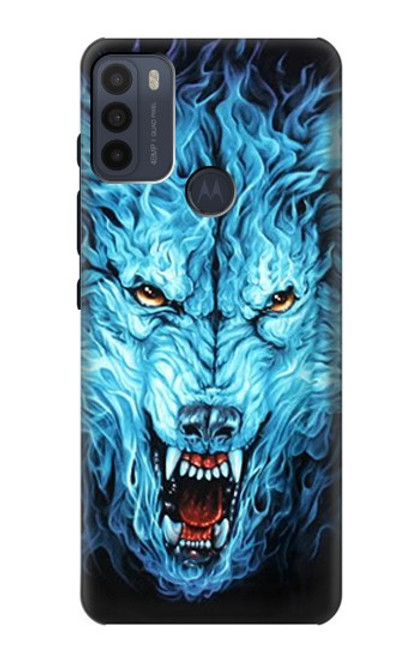 W0752 Blue Fire Grim Wolf Hard Case and Leather Flip Case For Motorola Moto G50