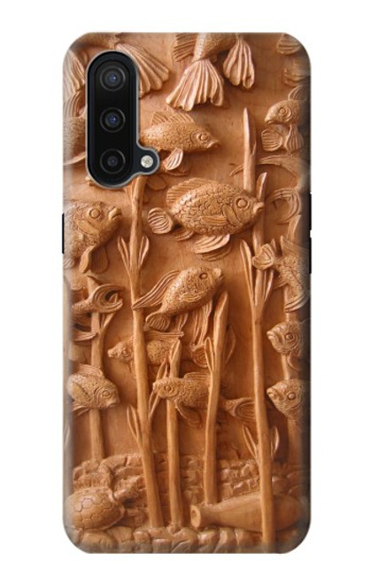 W1307 Fish Wood Carving Graphic Printed Hard Case and Leather Flip Case For OnePlus Nord CE 5G