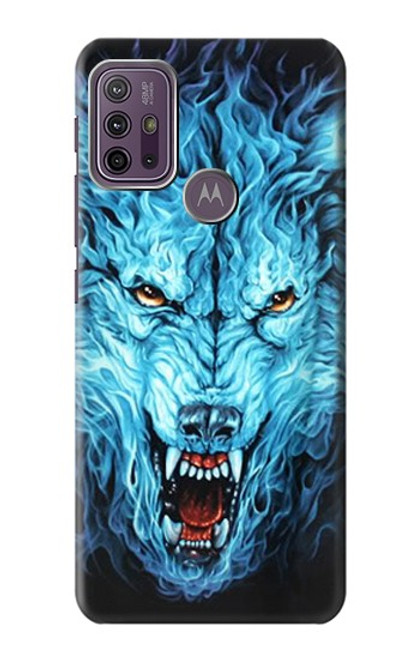 W0752 Blue Fire Grim Wolf Hard Case and Leather Flip Case For Motorola Moto G10 Power