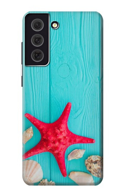 W3428 Aqua Wood Starfish Shell Hard Case and Leather Flip Case For Samsung Galaxy S21 FE 5G