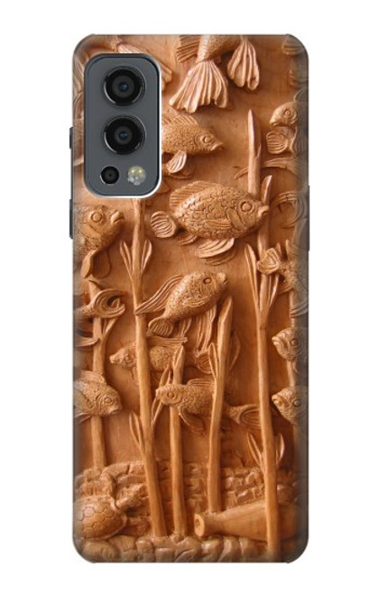 W1307 Fish Wood Carving Graphic Printed Hard Case and Leather Flip Case For OnePlus Nord 2 5G