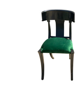 A front image of a Klismos dining chair, black klismos style,  MCM, Mid-century dining chair, Greek, designer, Klismos, in the manner of robsjohn-gibbings