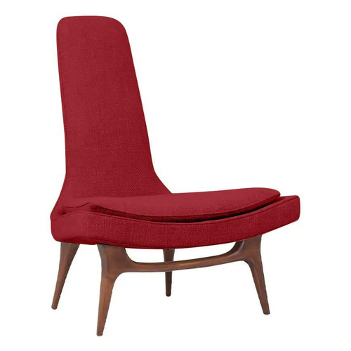 Angled view of mid-century lounge chair highlighting wood craftsmanship and bold color