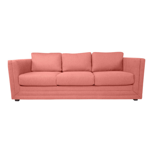 “Front view of a modern coral upholstered sofa on a white background.”