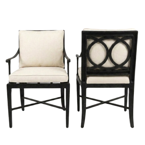 Medellin Rico matte black outdoor dining chair shown from front and rear views with seat cushion on white background