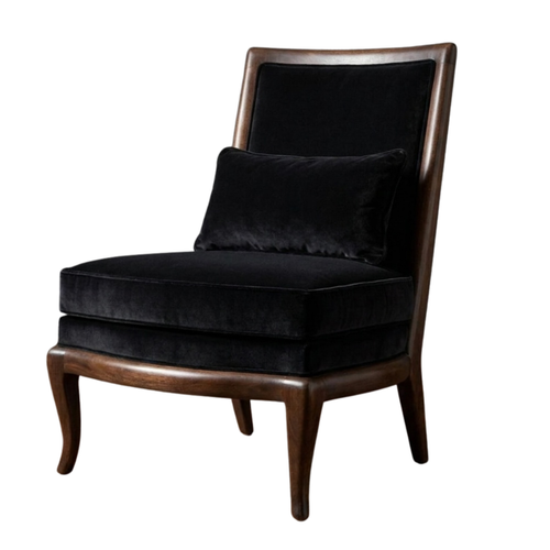 Luxury high-back slipper chair with black chenille upholstery, walnut frame, and matching lumbar pillow