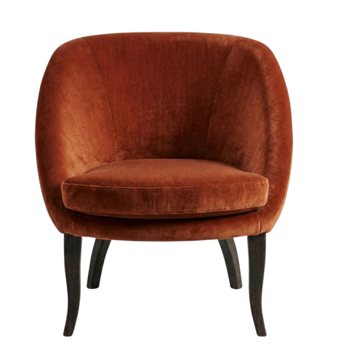 Medellin Vigo Mid-Century Modern Club Chair upholstered in tobacco velvet with matte black legs on white background